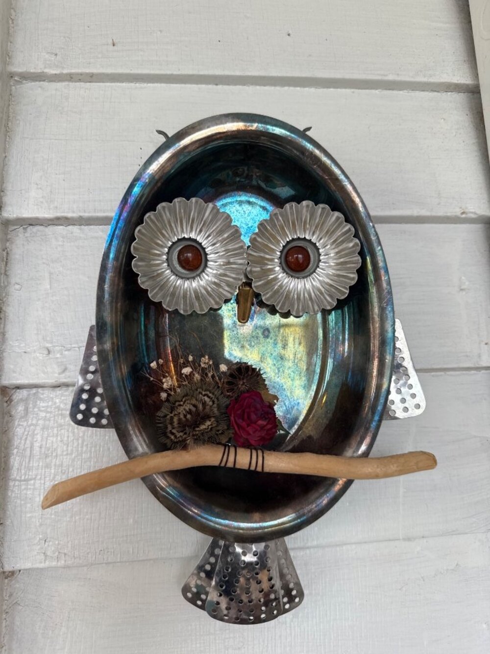 Vintage 70's Metal Recycled Owl Wall Art From Kitchen Parts Glass Eyes